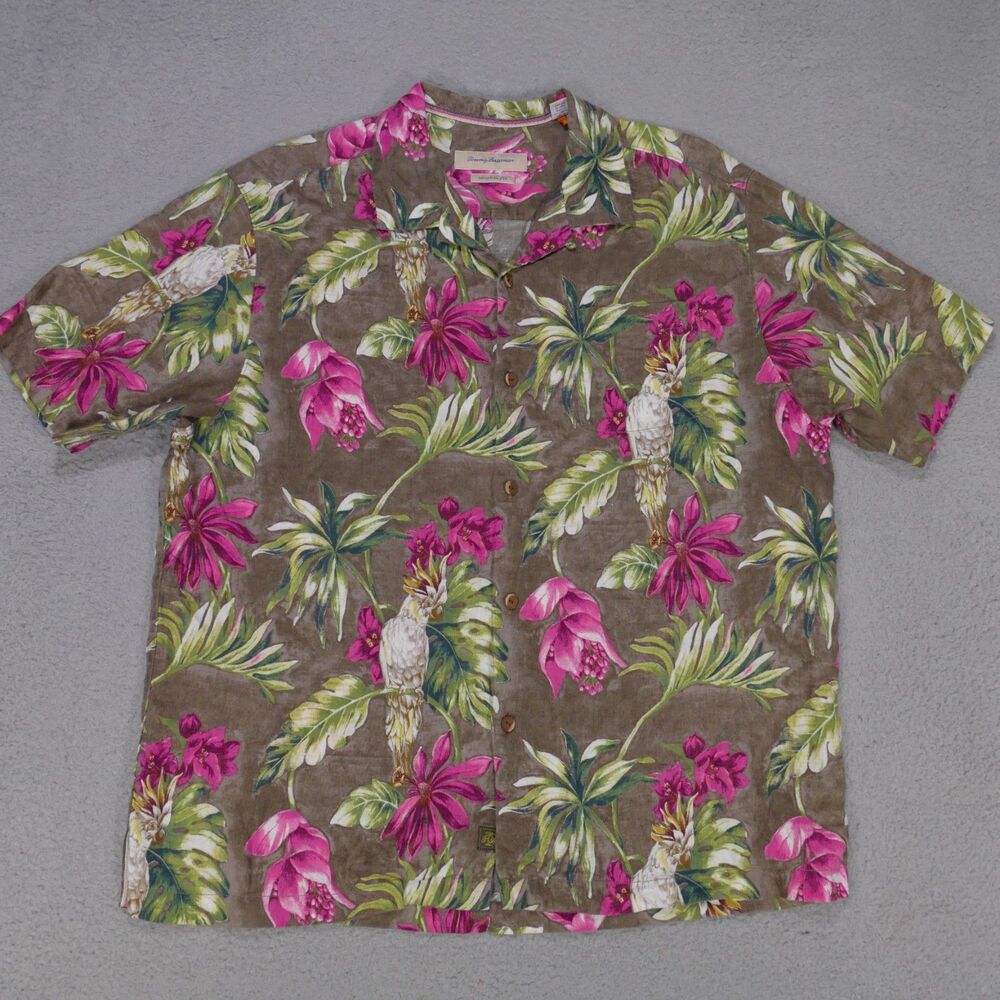 Tommy Bahama Camp Shirt Mens XL Linen Floral Brown Green Pink Short Sleeve